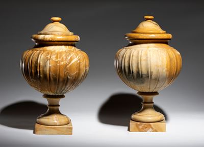 Coppia di vasi con coperchio in marmo, forma neoclassica (XX secolo)
