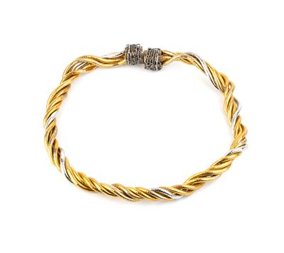 Collana girocollo a torsade in fili dorati e argentati con motivo a rete in argento