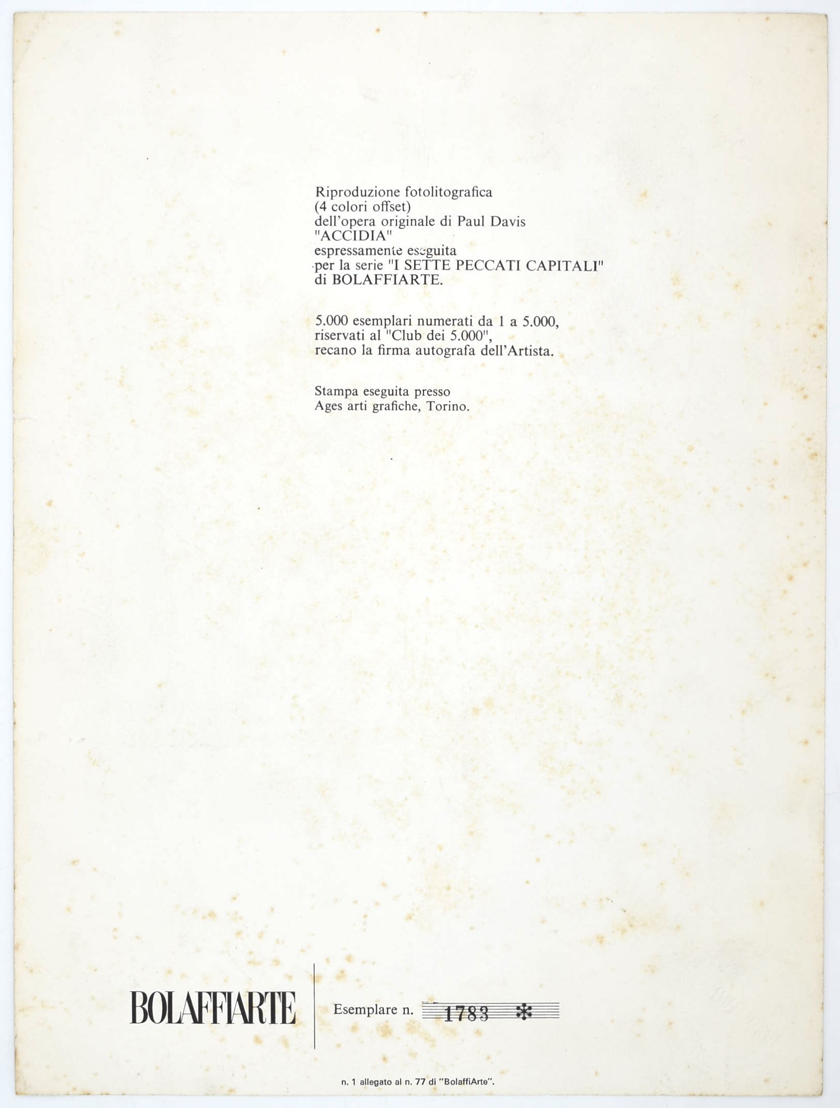 Paul Davis, Accidia, serie “I Sette Peccati Capitali” (Bolaffiarte) – fotolitografia