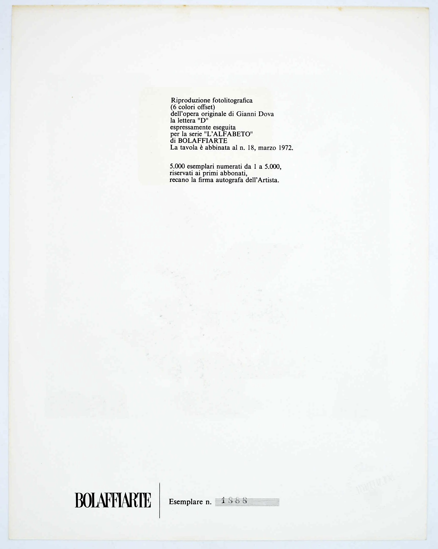 Dova, Giovanni, La lettera “D” per la serie “L’Alfabeto” di Bolaffiarte, fotolitografia