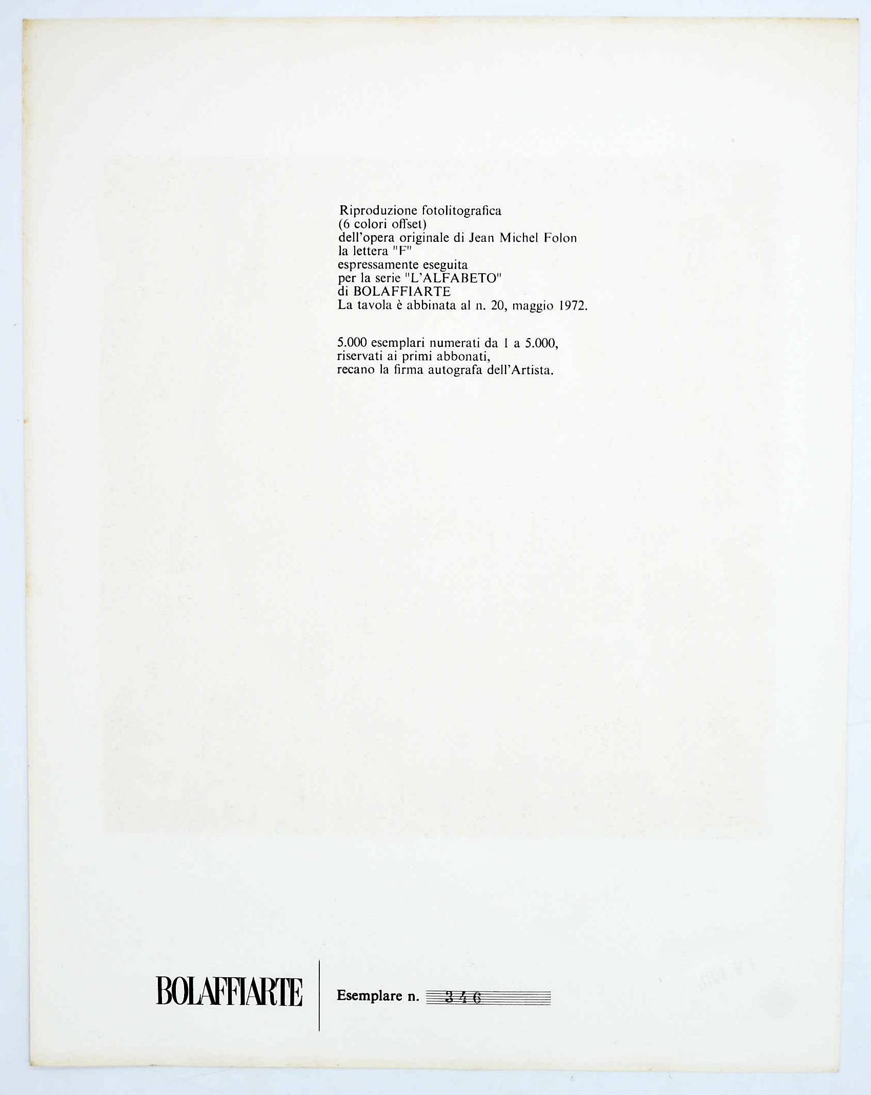 Jean-Michel Folon, La lettera “F” per la serie “L’Alfabeto” di Bolaffiarte, fotolitografia