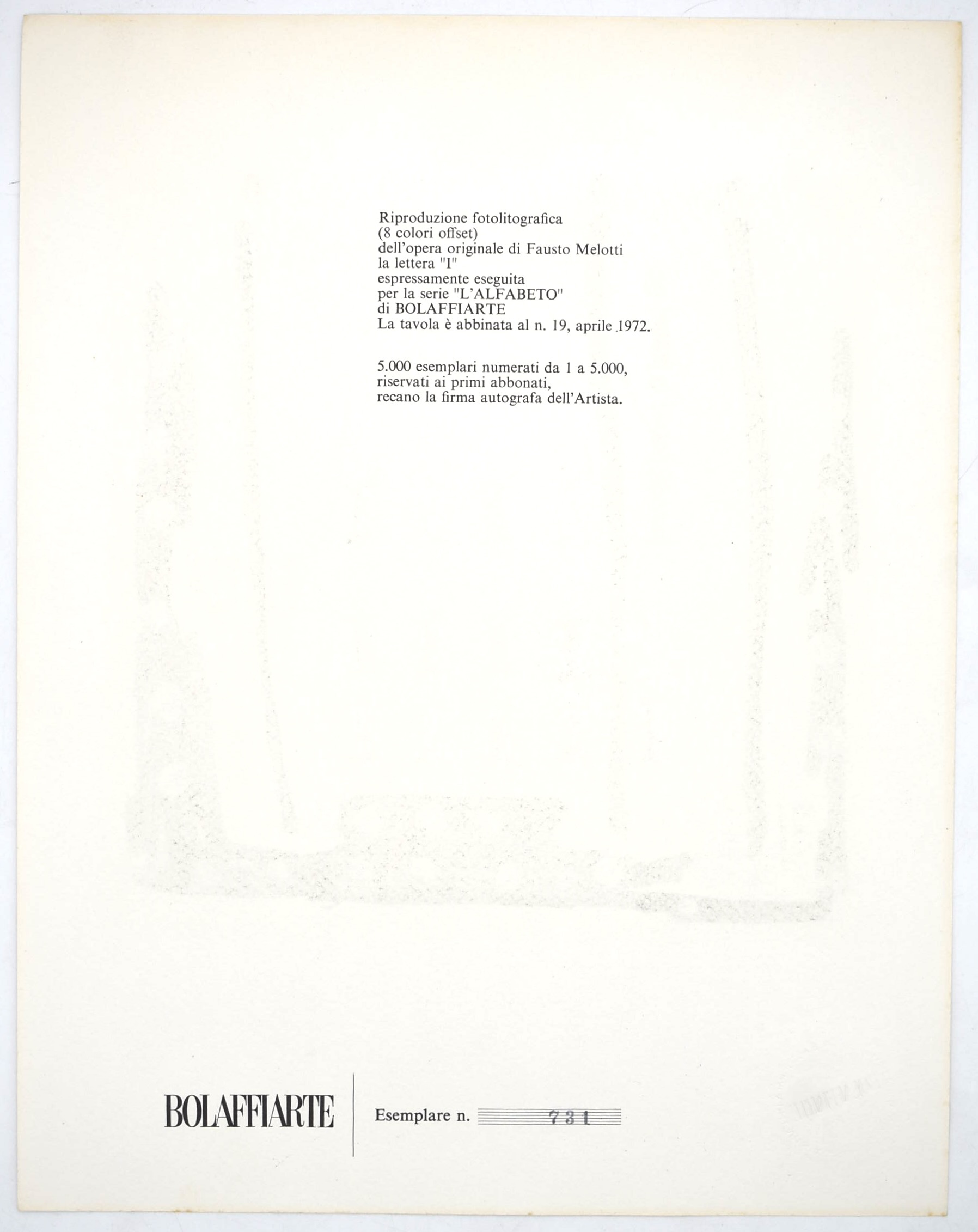 Melotti, Fausto: la lettera “I”, fotolitografia per la serie “L’Alfabeto” di Bolaffiarte