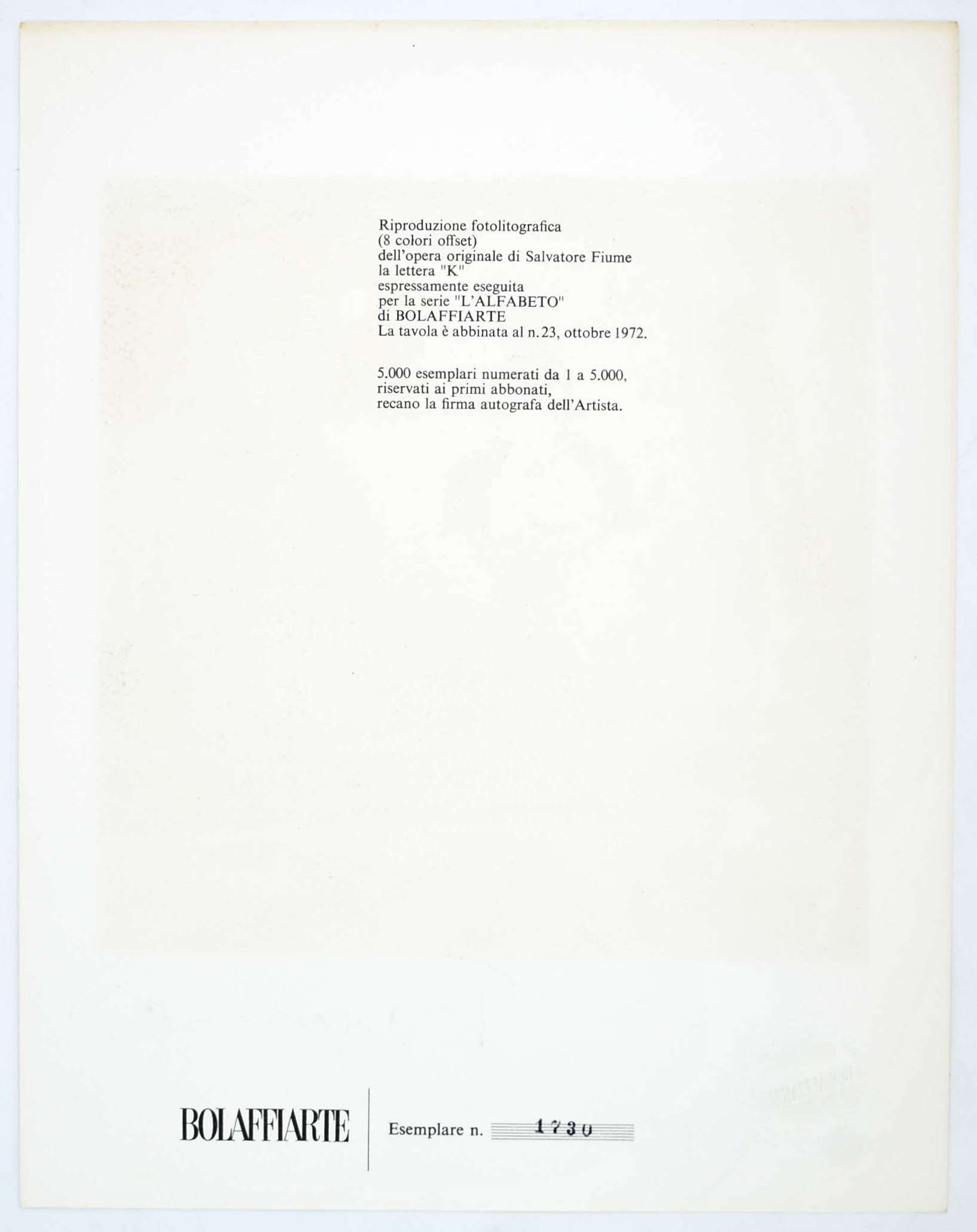 Salvatore Fiume, La lettera “K” (per la serie “L’Alfabeto” di Bolaffiarte), fotolitografia