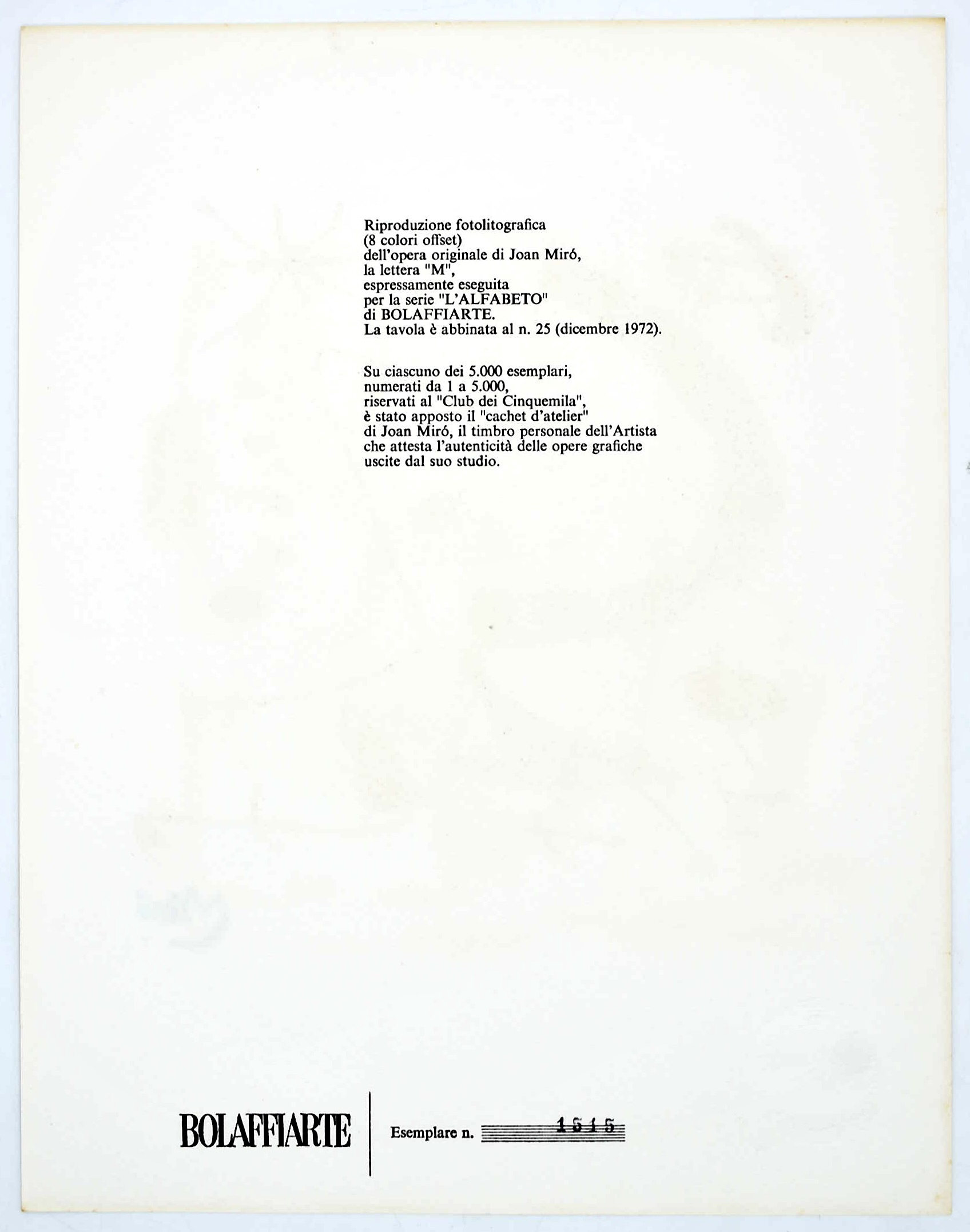 Joan Miró, La lettera “M” per la serie “L’Alfabeto”, fotolitografia