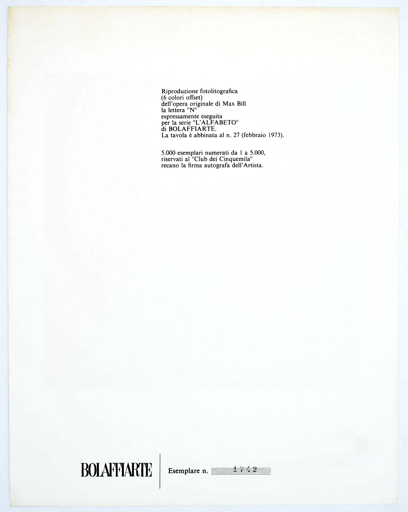 Max Bill, La lettera “N” per la serie “L’Alfabeto” (fotolitografia)