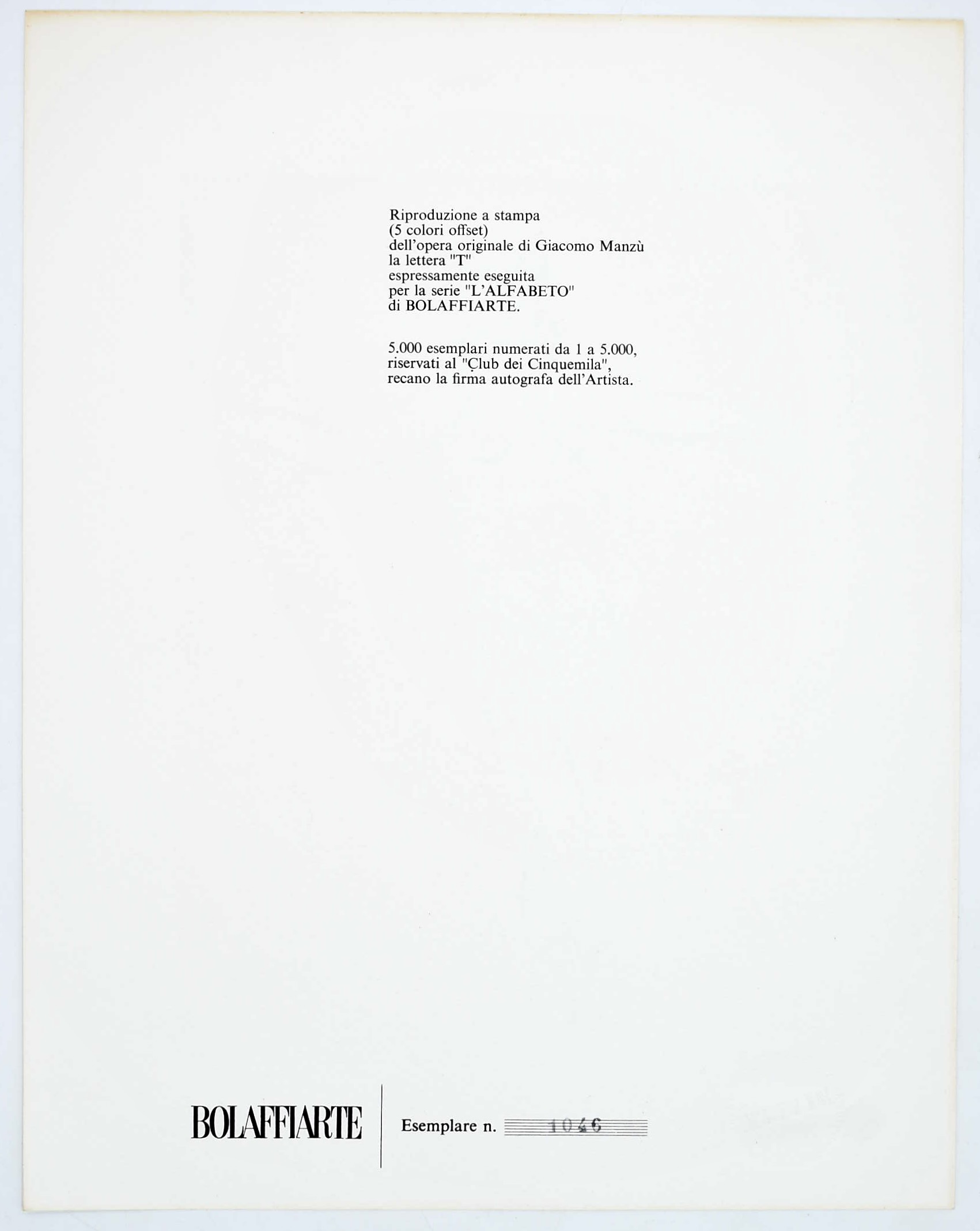 Manzù, Giacomo, La lettera “T” (per la serie “L’Alfabeto” di Bolaffiarte), fotolitografia