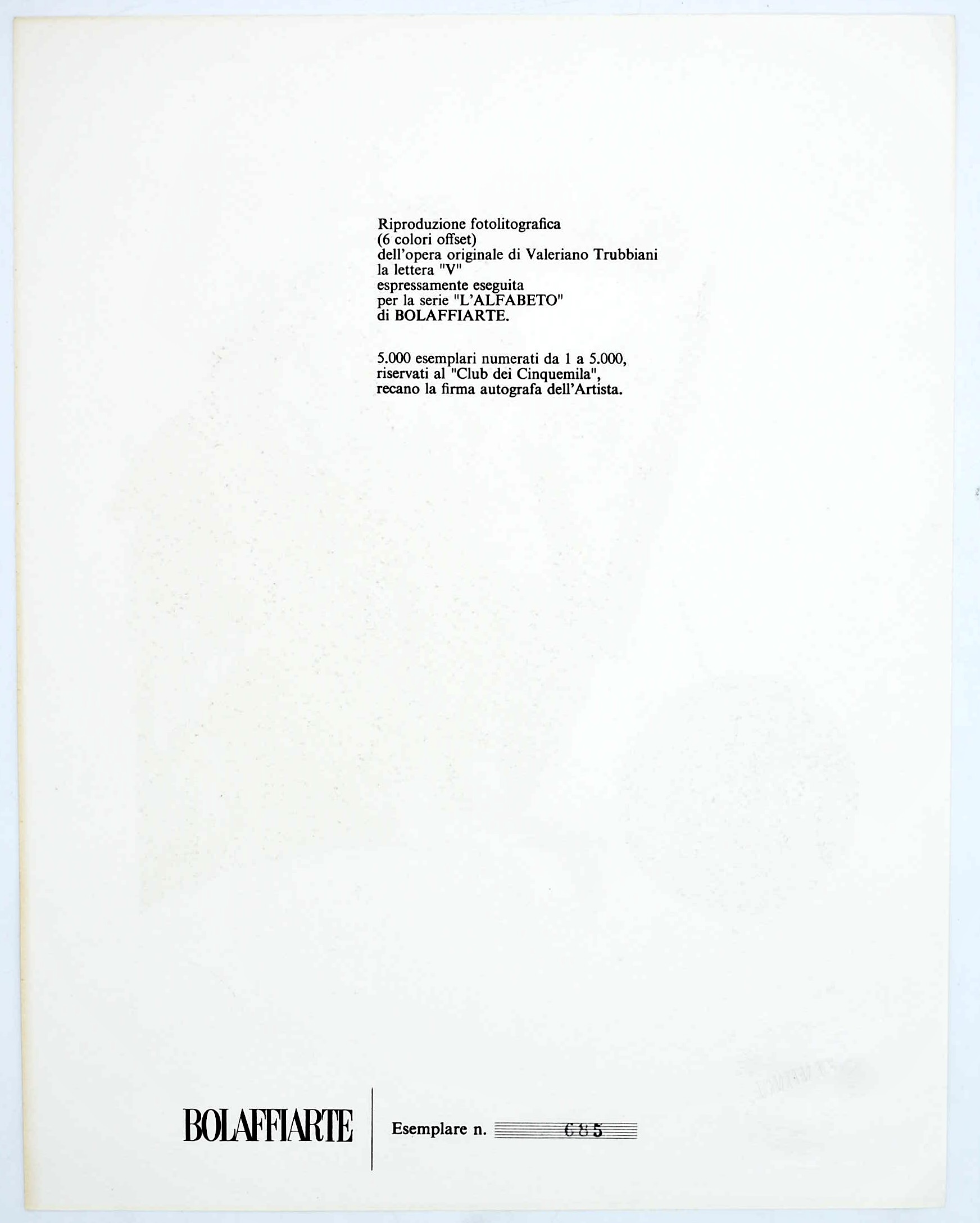 Valeriano Trubbiani, la lettera “V” (serie “L’Alfabeto” di Bolaffiarte), fotolitografia
