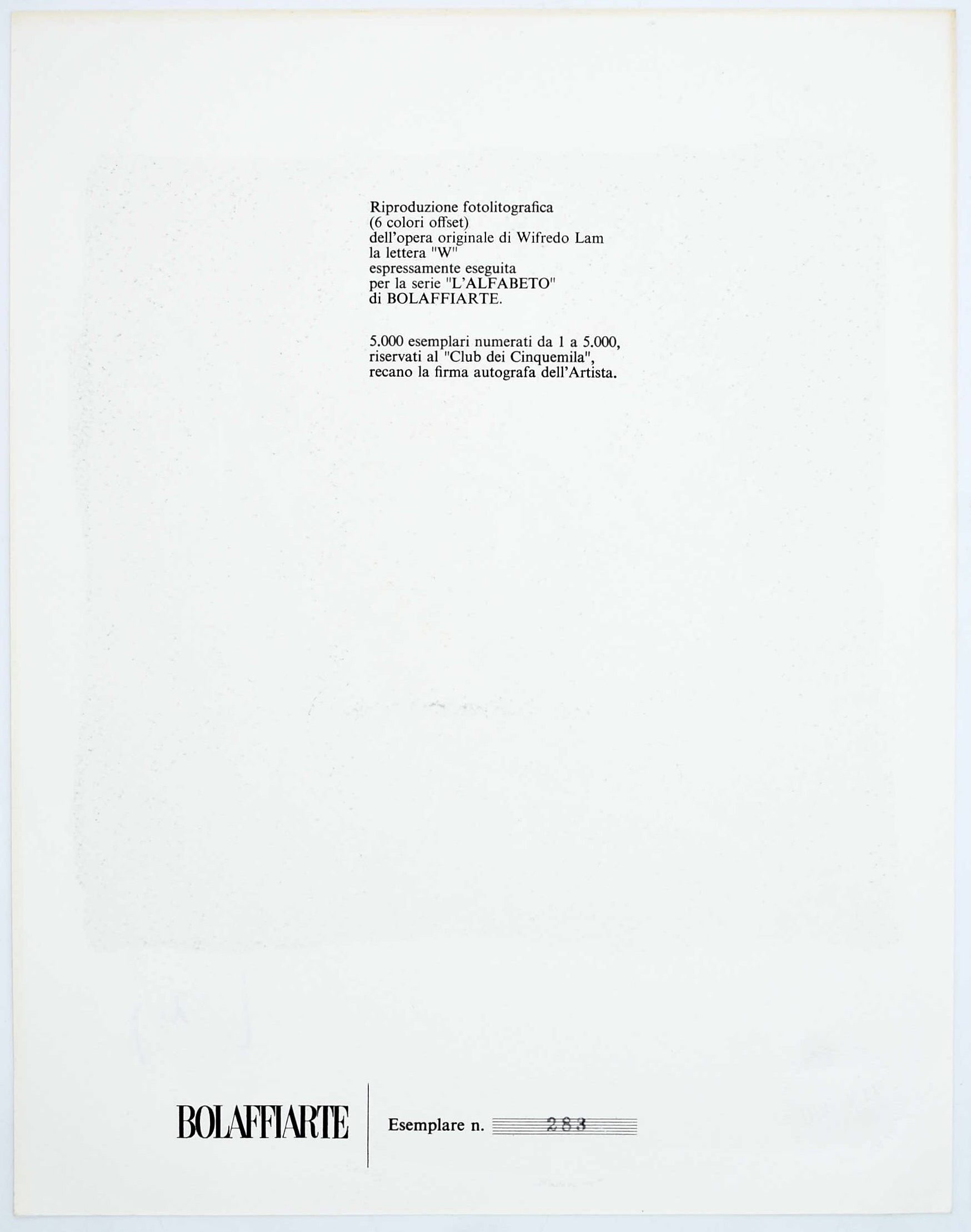 Wifredo Lam, Lettera “W” per la serie “L’Alfabeto” di Bolaffiarte, fotolitografia