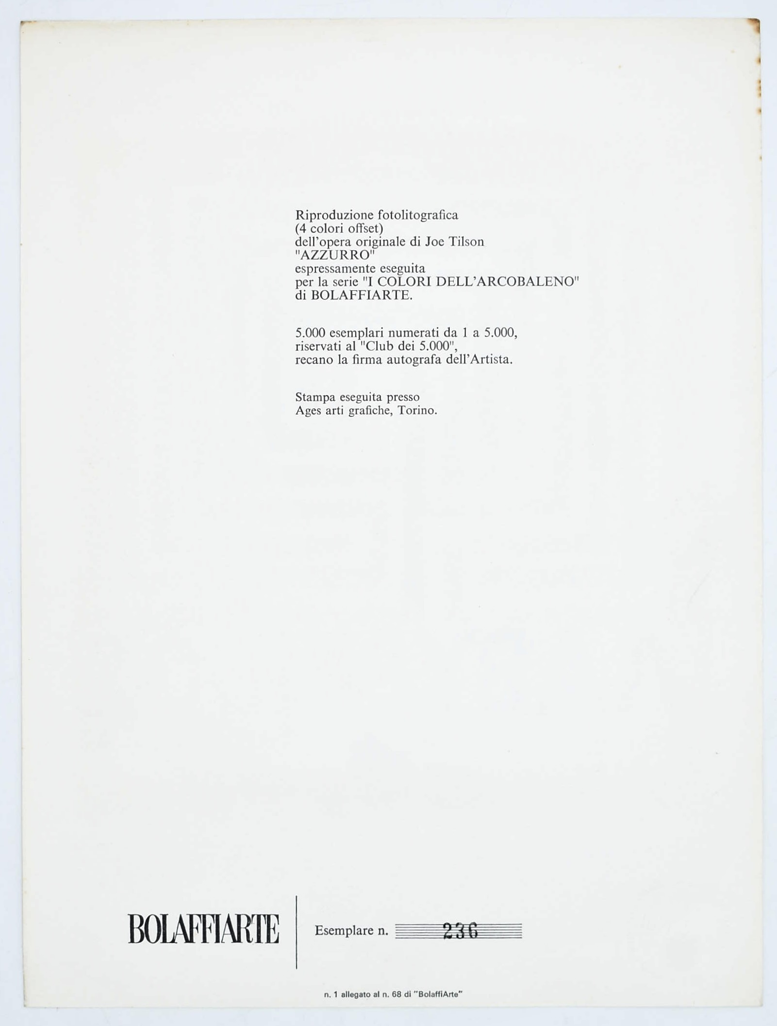 Joe Tilson, Azzurro (fotolitografia per la serie “I Colori dell’Arcobaleno” di Bolaffiarte)