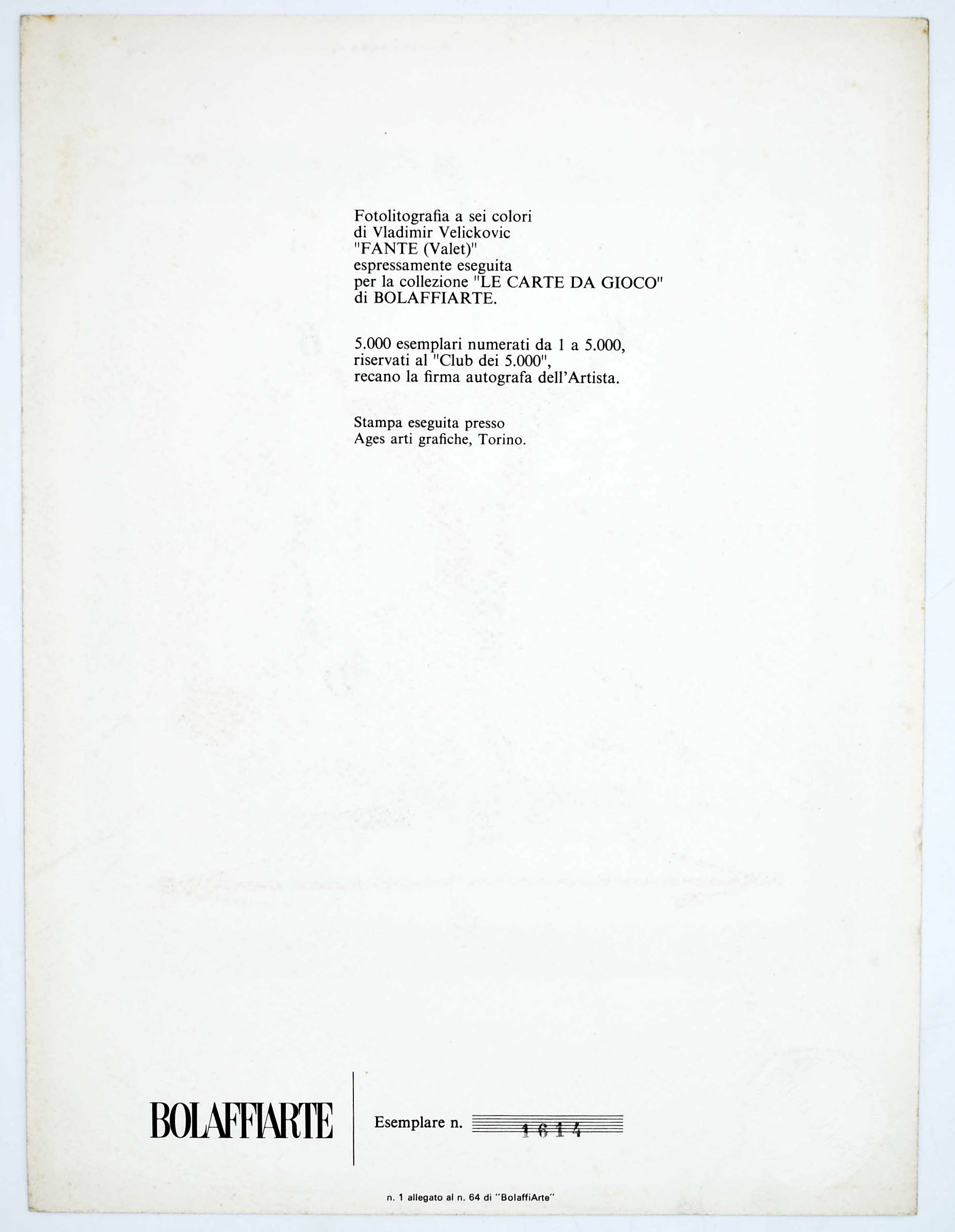 Velickovic, Vladimir, Fante (Valet) — fotolitografia dalla serie “Le Carte da Gioco” di Bolaffiar...