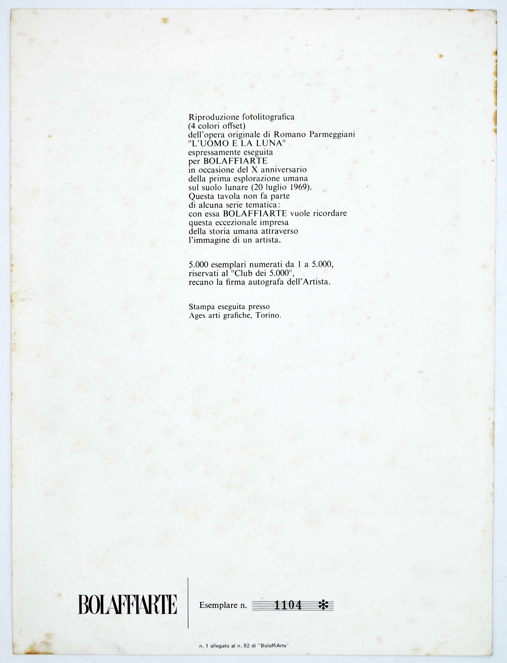 Romano Parmeggiani, L’Uomo e la Luna (fotolitografia), edizione numerata e firmata a mano