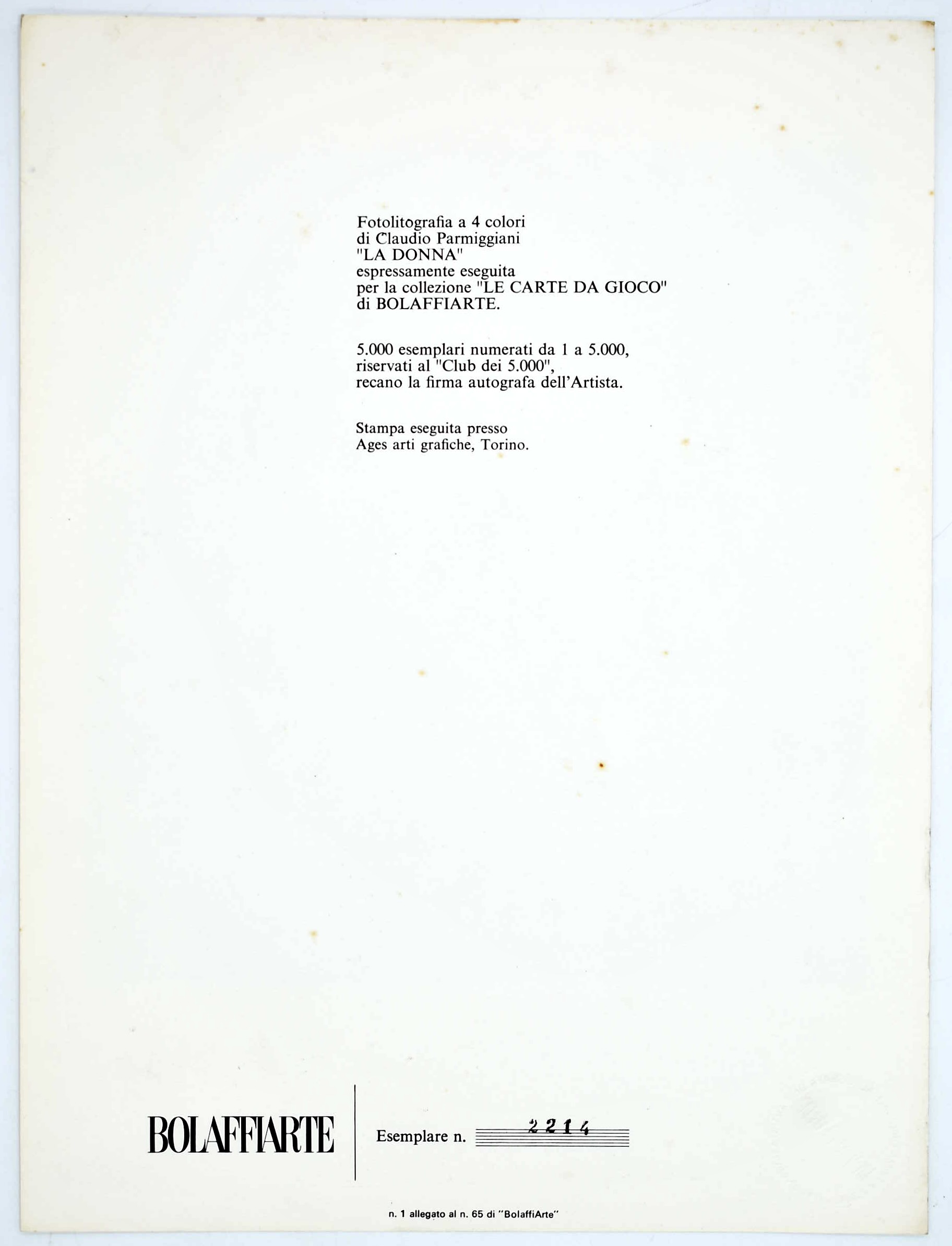 Claudio Parmiggiani, La Donna, fotolitografia per la serie “Le Carte da Gioco” (Bolaffiarte)