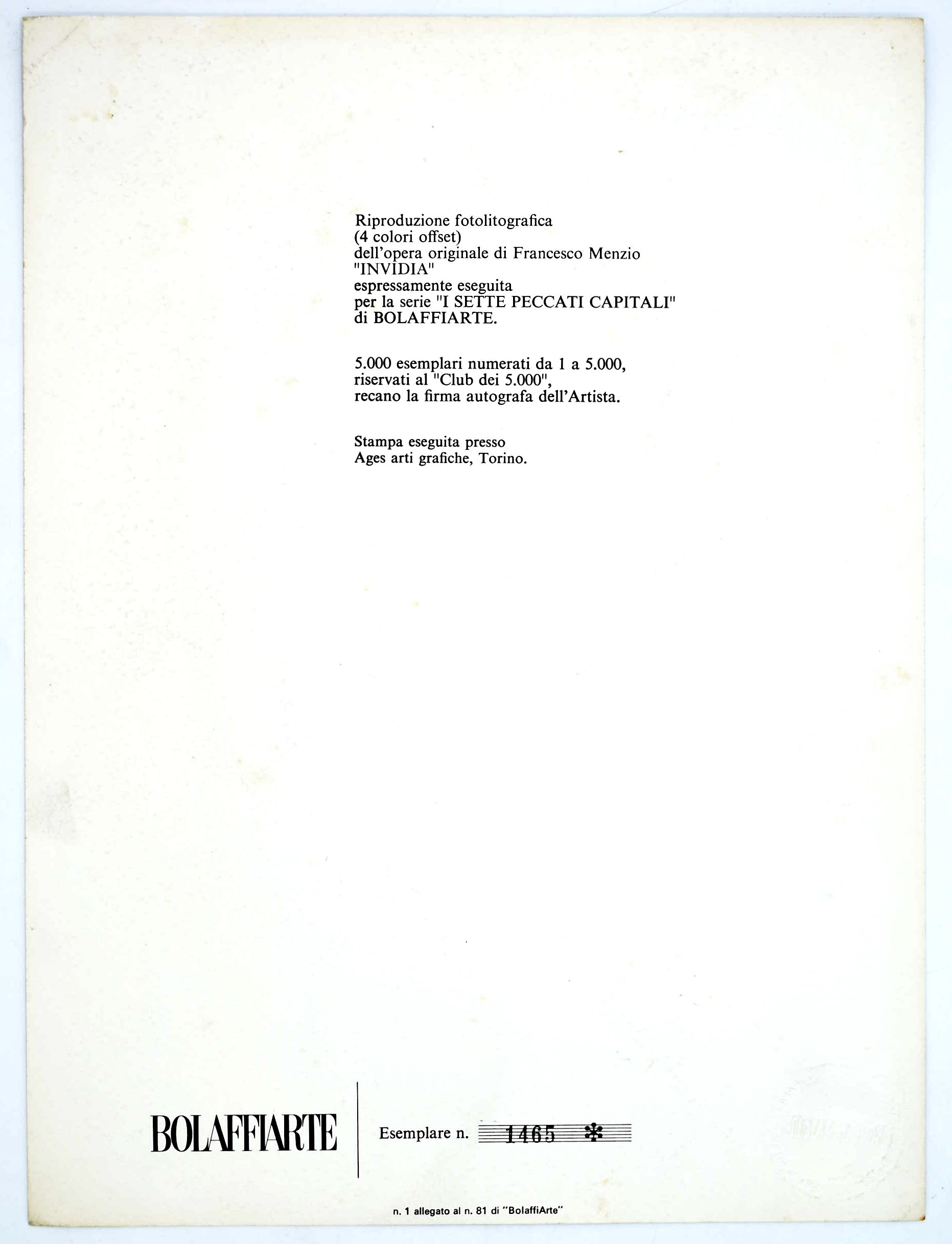Francesco Menzio, Invidia (fotolitografia per la serie “I Sette Peccati Capitali” di Bolaffiarte)