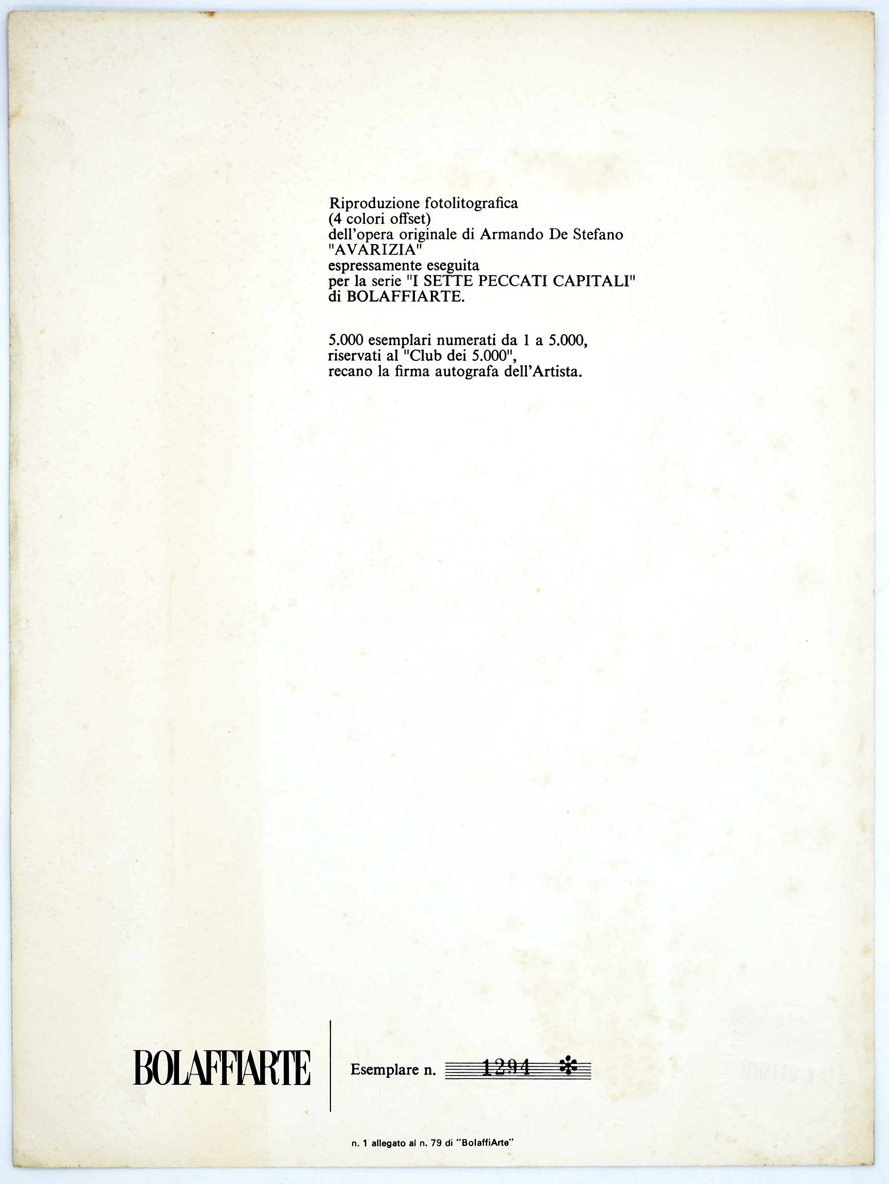 Armando De Stefano, Avarizia, fotolitografia per la serie “I Sette Peccati Capitali” (Bolaffiarte...