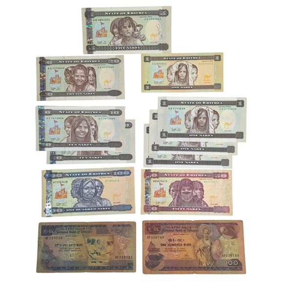 ESTERE. ERITREA-ETIOPIA. Lotto di 34 banconote. Conservazioni varie.