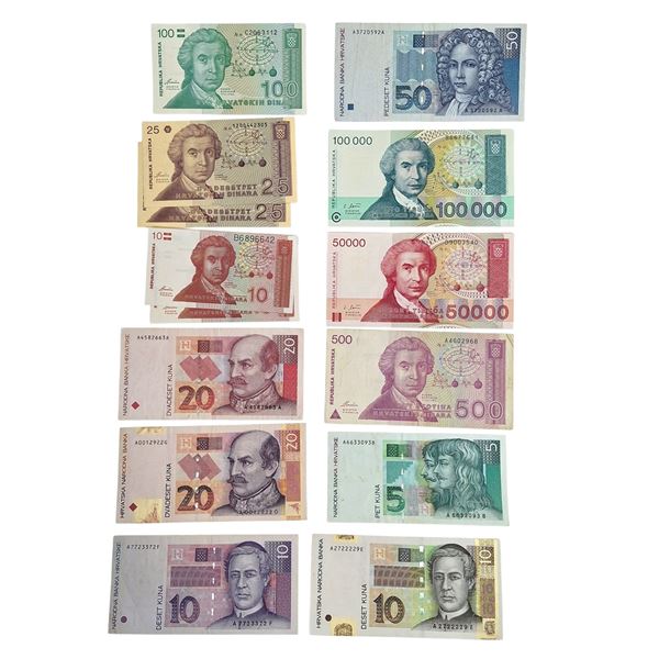 ESTERE. CROAZIA. Lotto di 14 banconote. Conservazioni varie.