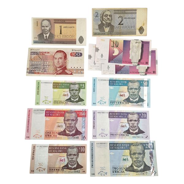 ESTERE. ESTONIA-LUSSEMBURGO-MACEDONIA-MALAWI-MALESIA. Lotto di 22 banconote. Conservazioni varie.
