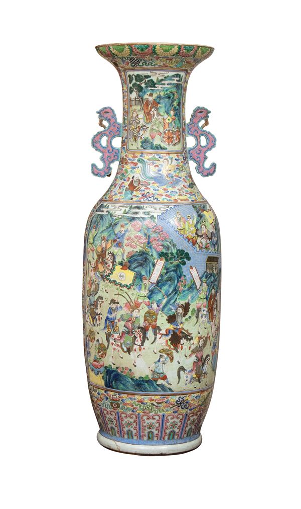 A large porcelain vase decorated with polychrome famille rose enamels depicting lively court scenes and scenes inspired by classic historical novels, with shaped side handles. China, 19th century.