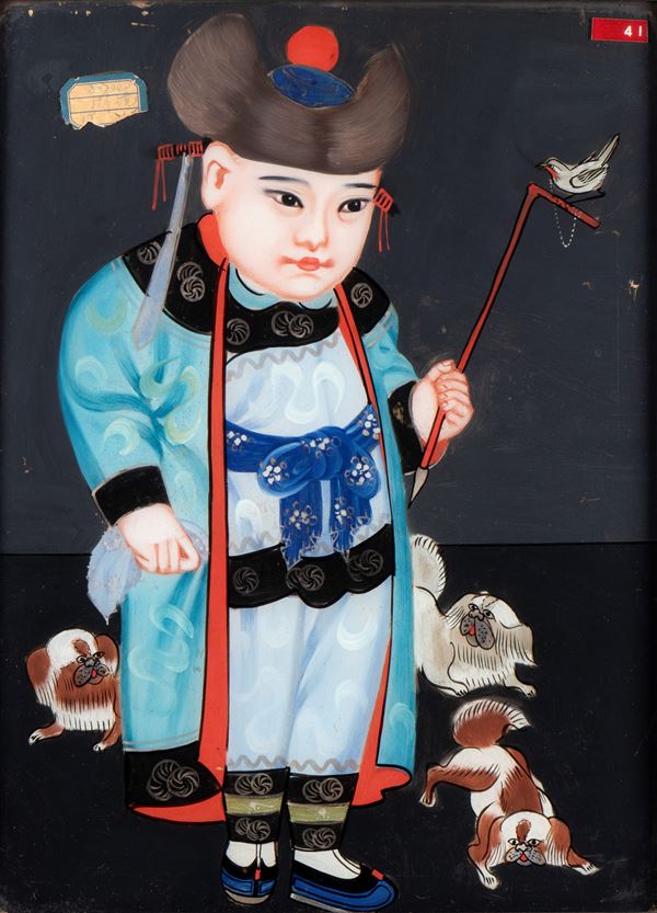 Piccolo dipinto su vetro raffigurante un fanciullo. Cina, XX secolo
