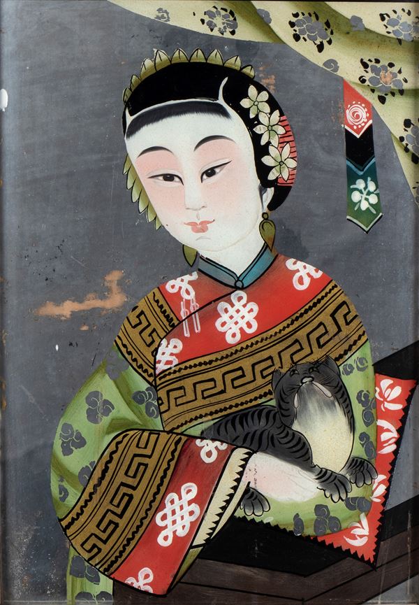 Glass painting depicting a lady. China, 20th century.