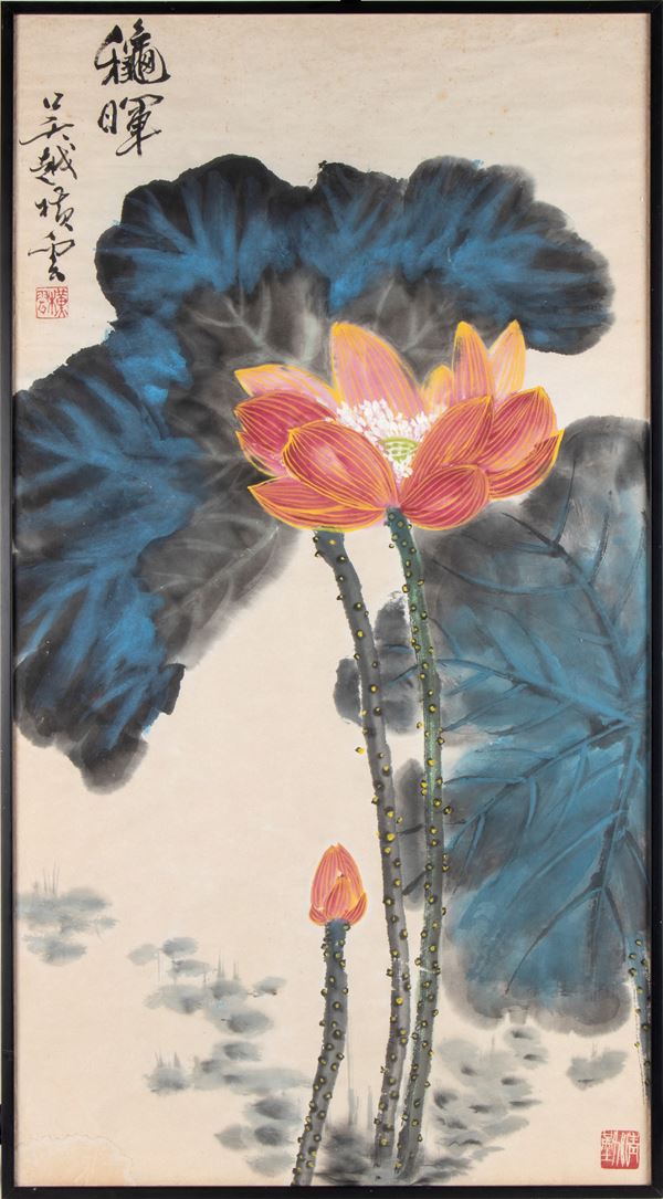 Painting depicting lotus flowers, ink and color on paper. China, 20th century.