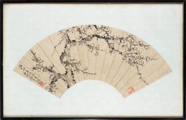 A bow-shaped fan (扇面, shànmiàn) painted with plum blossom branches in monochrome ink on paper. China, 20th century.