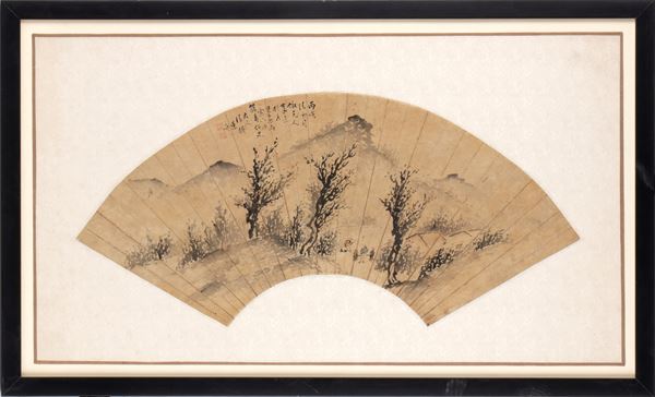 A bow-shaped fan (shanmian) painted in ink on paper depicting a winter landscape against a backdrop of snow-capped mountains. China, 20th century.