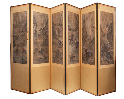 Paravento a sei pannelli, scena di caccia, inchiostro e colore su carta, Corea, fine XIX-XX secol...