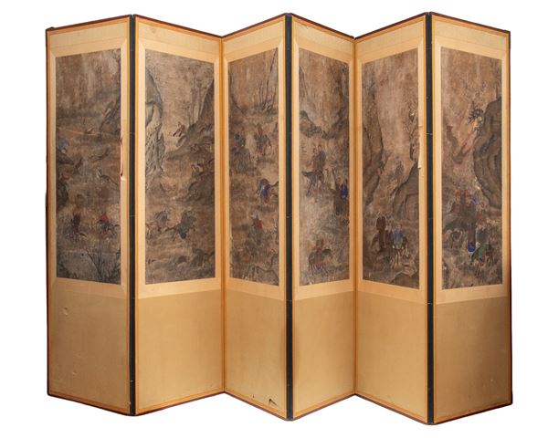 Paravento composto da sei pannelli dipinti Horyeopdo raffigurante una scena di caccia ad inchiostro e colore su carta. Corea, Fine XIX-XX secolo