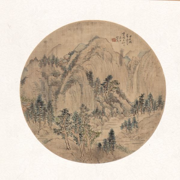 Ventaglio circolare dipinto a colori e inchiostro su seta con classico paesaggio montano shanshui entro cornice. Cina, fine dinastia Qing; XX secolo
