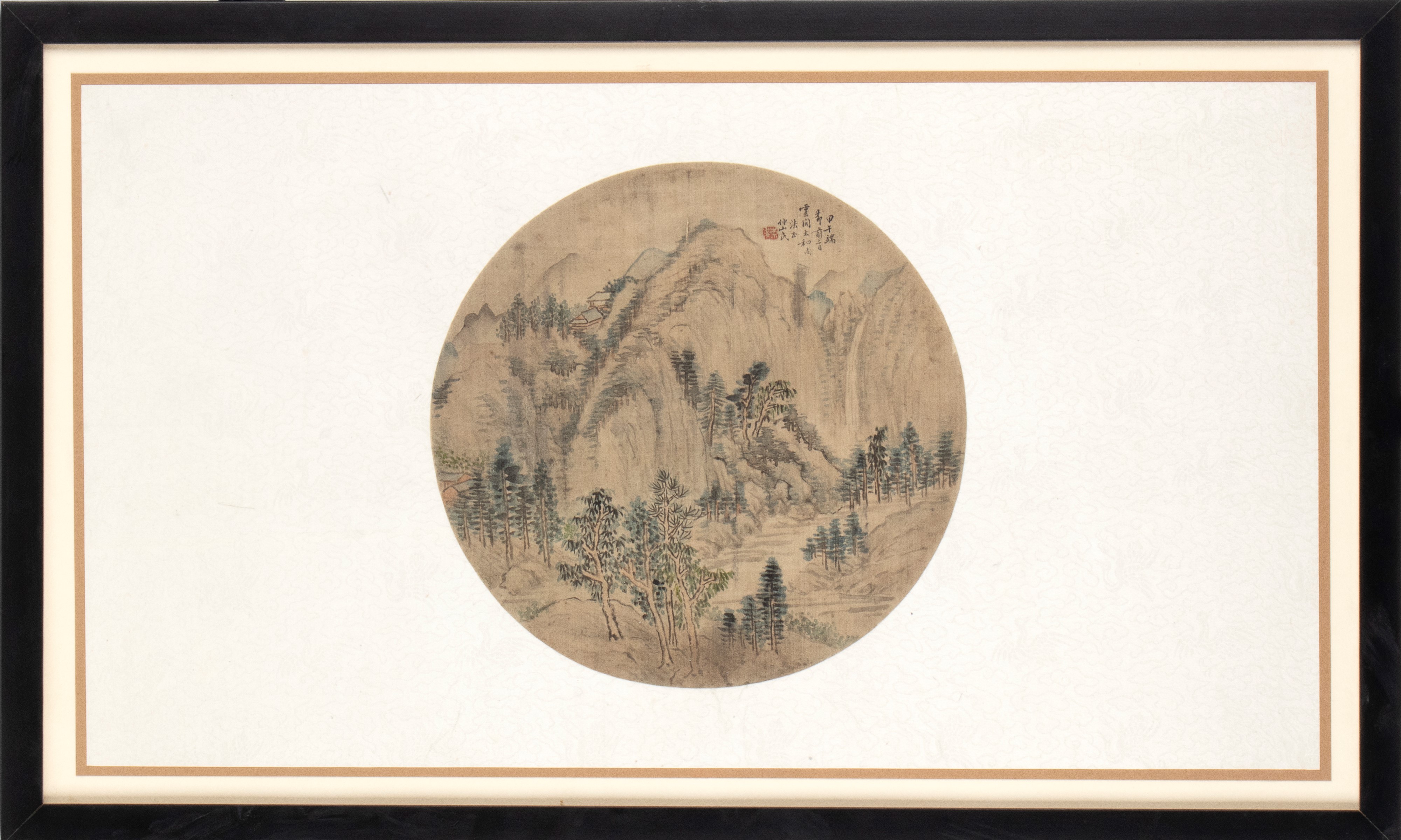 Ventaglio circolare dipinto, paesaggio montano shanshui su seta (团扇, tuanshan)