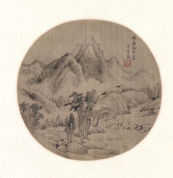 Ventaglio circolare  dipinto a inchiostro su seta da Wang Yuanzhao (meta XIX secolo), raffigurante un paesaggio entro cornice. Cina, meta XIX-XX secolo