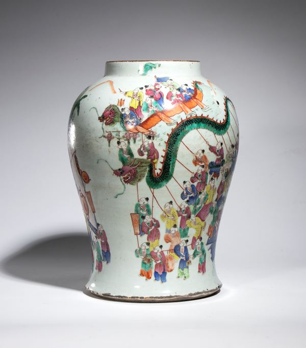 A porcelain vase decorated with a Dragon Boat Festival scene and a Hundred Boys motif. China, 19th century.