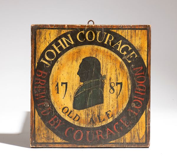 Painted wooden pub sign featuring John Courage beer