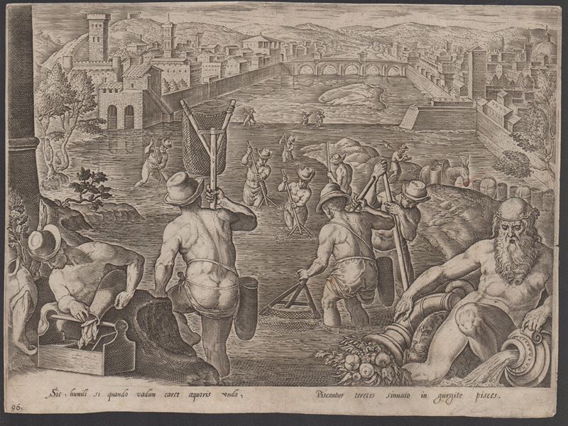 Philip Galle - La pesca in Arno con le reti (da Giovanni Stradano), bulino
