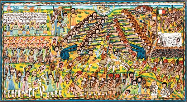 Pigment painting on cotton depicting the Battle of Adwa (1896), the iconic clash in which Ethiopian forces successfully defended their sovereignty against Italian colonial troops. Ethiopia, 1940