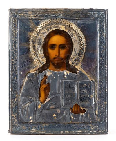 Icona russa, Cristo Pantocratore con riza in argento, tempera su tavola (Mosca, 1908-1926)