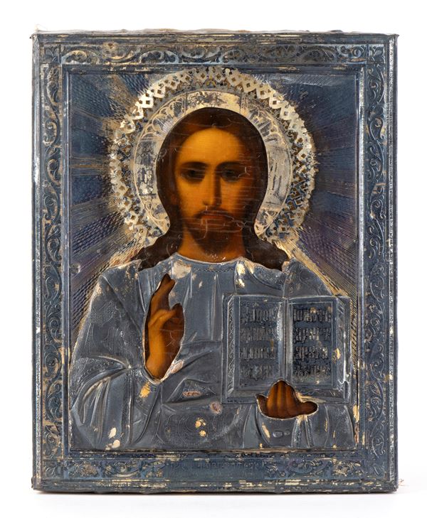 Russian Icon depicting Christ Pantocrator with a silver riza