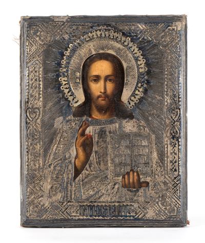 Icona russa del Cristo Pantocratore con riza in argento