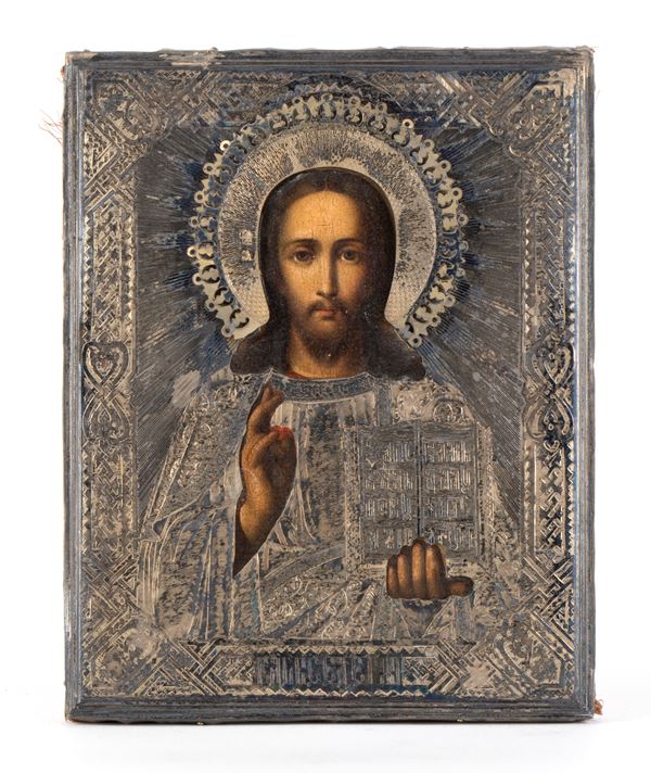 Icona russa raffigurante il Cristo Pantocratore con riza in argento