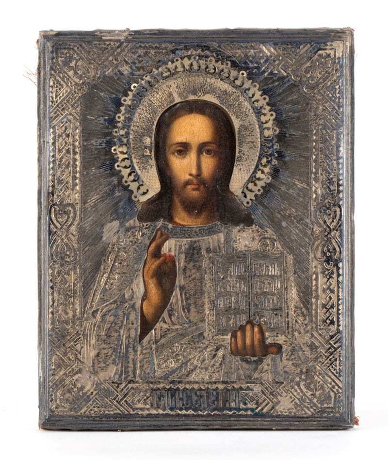 Nik. Fed. Strulev - Icona russa del Cristo Pantocratore con riza in argento