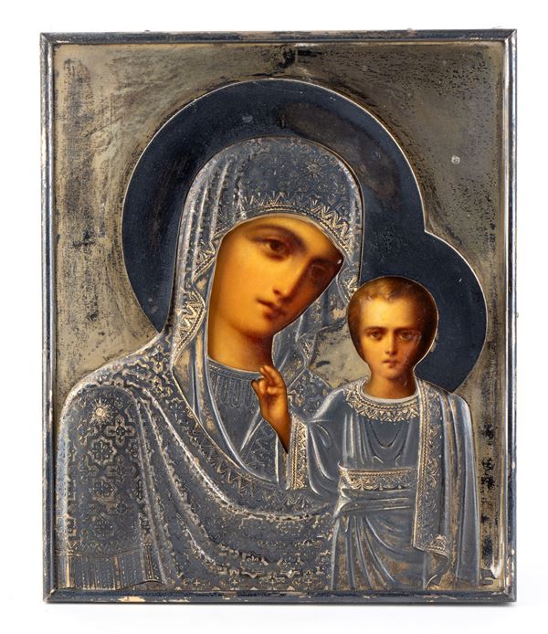 Russian Icon depicting the Our Lady of Kazan with silver riza