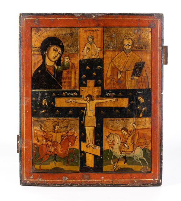 A four-panel Russian icon depicting the crucifixion of Christ and the Holy Protectors