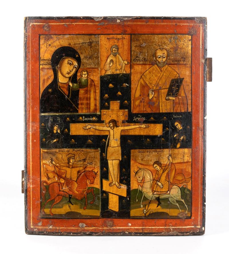 Icona russa quadripartita, Tempera su tavola, raffigurazione della Crocifissione e Santi Protetto...