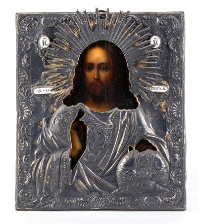 Icona russa del Cristo Pantocratore con riza in argento