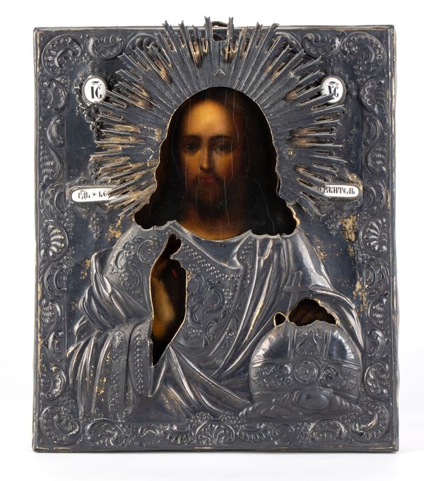 Russian icon depicting Christ Pantocrator with silver riza