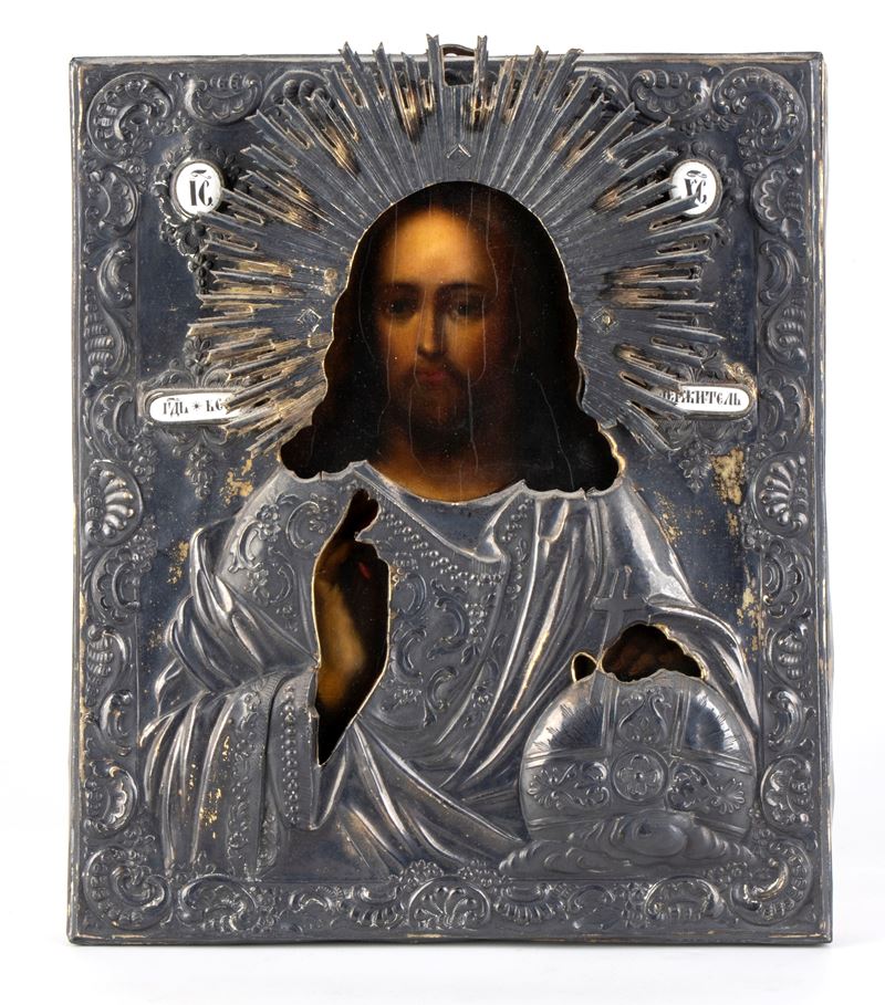 Alexander Panfilov - Icona russa del Cristo Pantocratore con riza in argento
