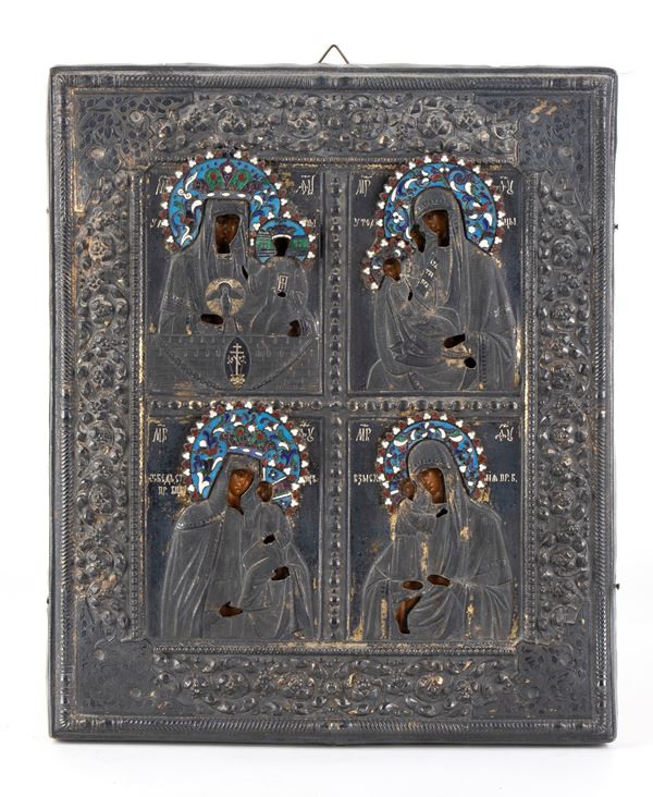 MIKH. ZORIN - Quadripartite Russian Icon with silver riza depicting "Four Miraculous Images of the Mother of God"