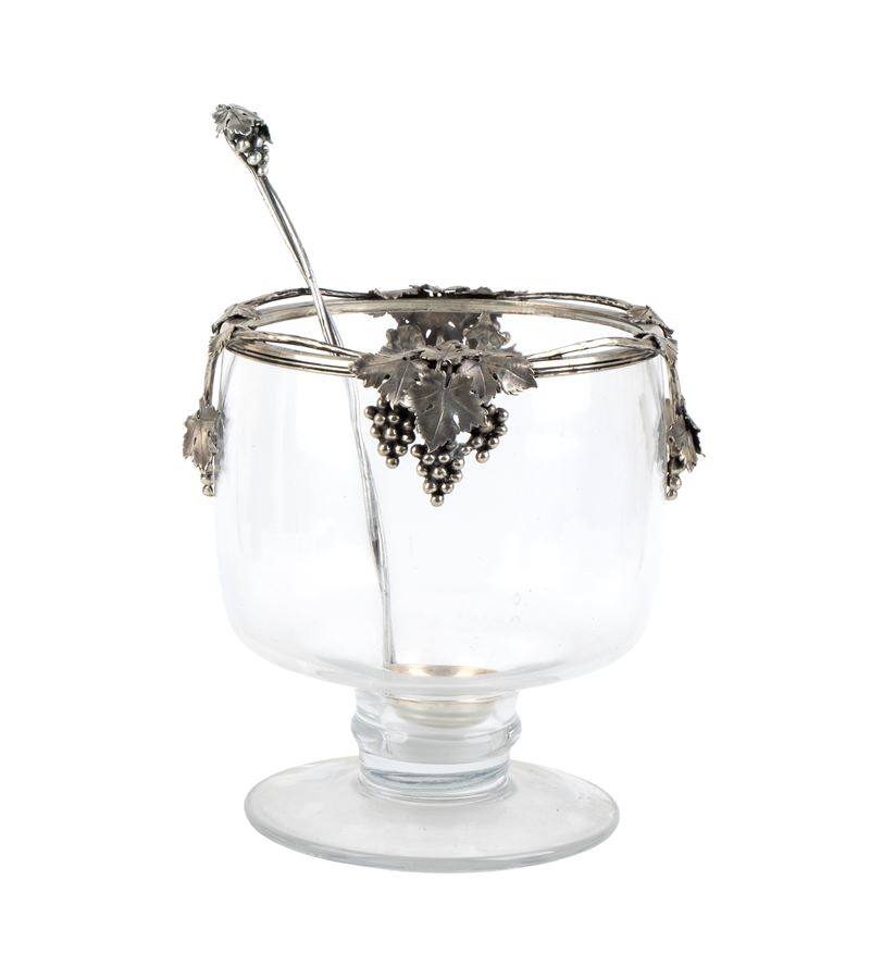Cesa - Portapasticceria e coppa da servizio (punch bowl) in vetro e argento, metà XX secolo