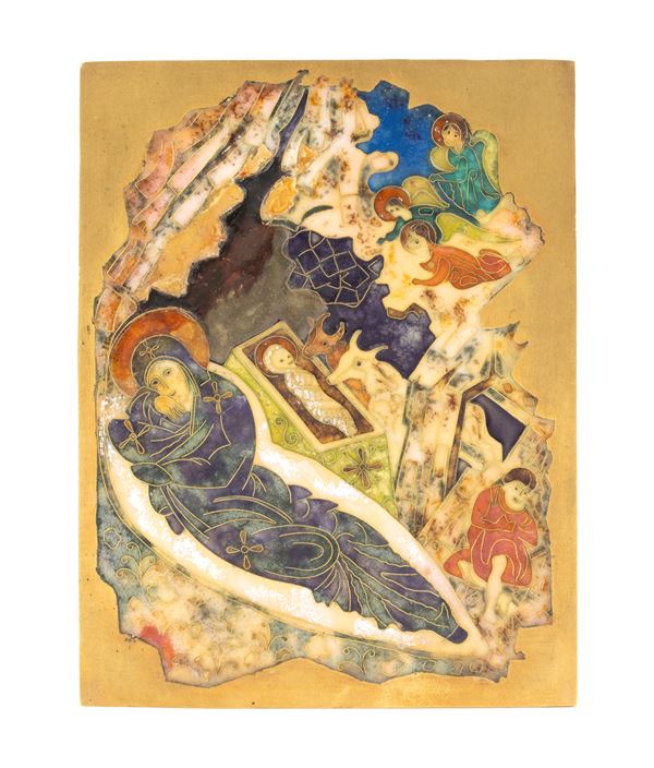 Gold and Polychrome Enamel Icon Depicting the Nativity of Christ